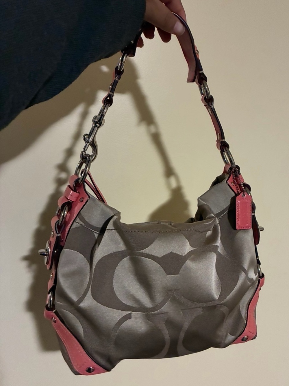Coach Gray Signature Hobo with Pink Leather Trim